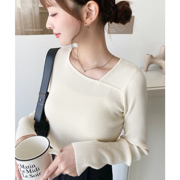 ショルダースリットアシンメトリーネックリブニットプルオーバー12G | moment+ | 詳細画像9 