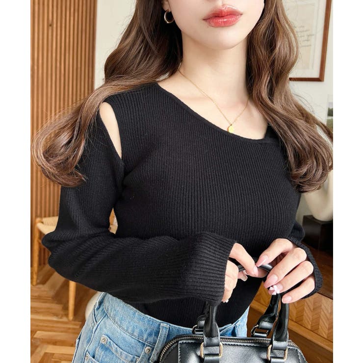 ブラック | ショルダースリットアシンメトリーネックリブニットプルオーバー12G | moment+