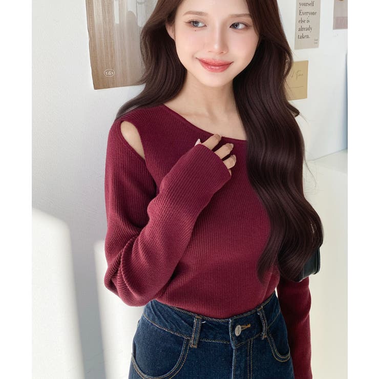 ボルドー | ショルダースリットアシンメトリーネックリブニットプルオーバー12G | moment+