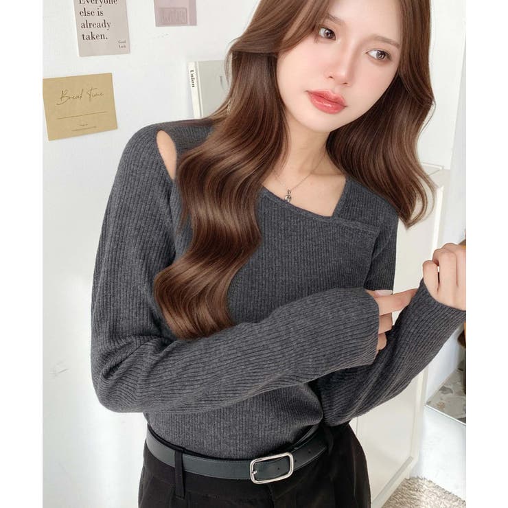 チャコールグレー | ショルダースリットアシンメトリーネックリブニットプルオーバー12G | moment+