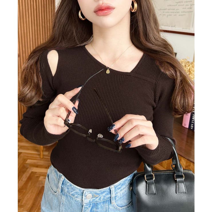 ブラウン | ショルダースリットアシンメトリーネックリブニットプルオーバー12G | moment+