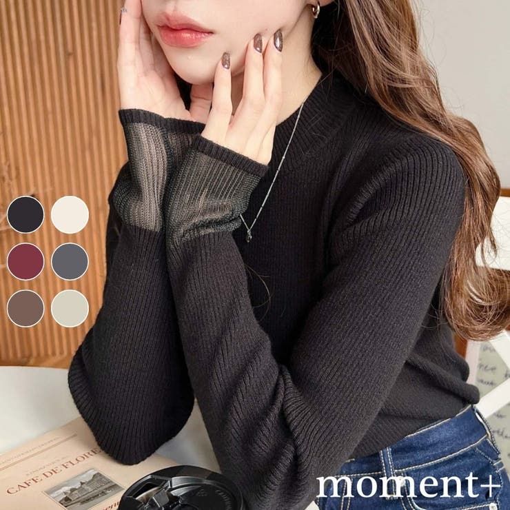 クルーネック袖シアーリブニットプルオーバー12G | moment+ | 詳細画像1 