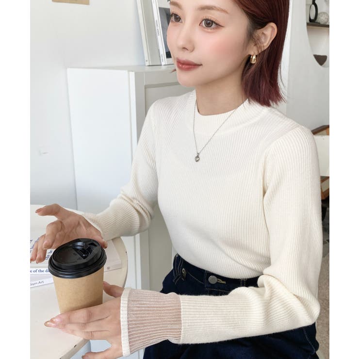 クルーネック袖シアーリブニットプルオーバー12G | moment+ | 詳細画像11 