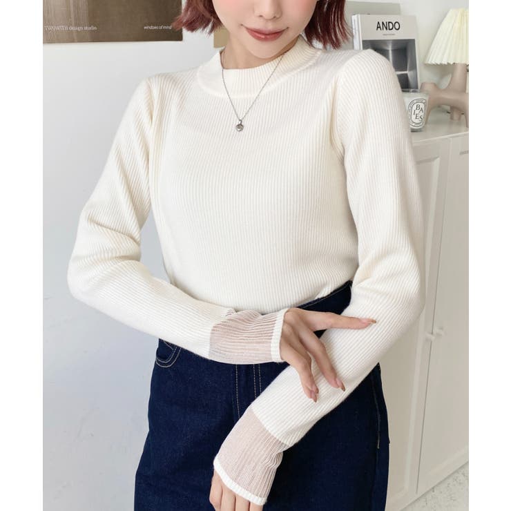 クルーネック袖シアーリブニットプルオーバー12G | moment+ | 詳細画像12 