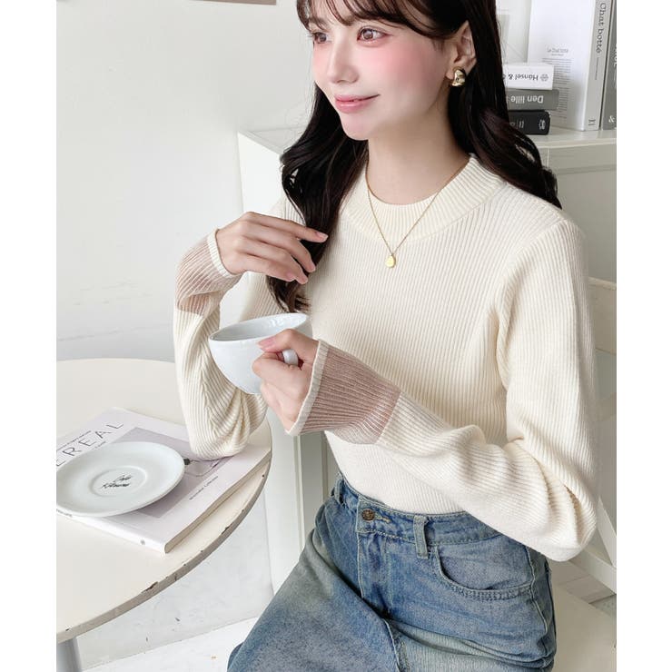 クルーネック袖シアーリブニットプルオーバー12G | moment+ | 詳細画像13 