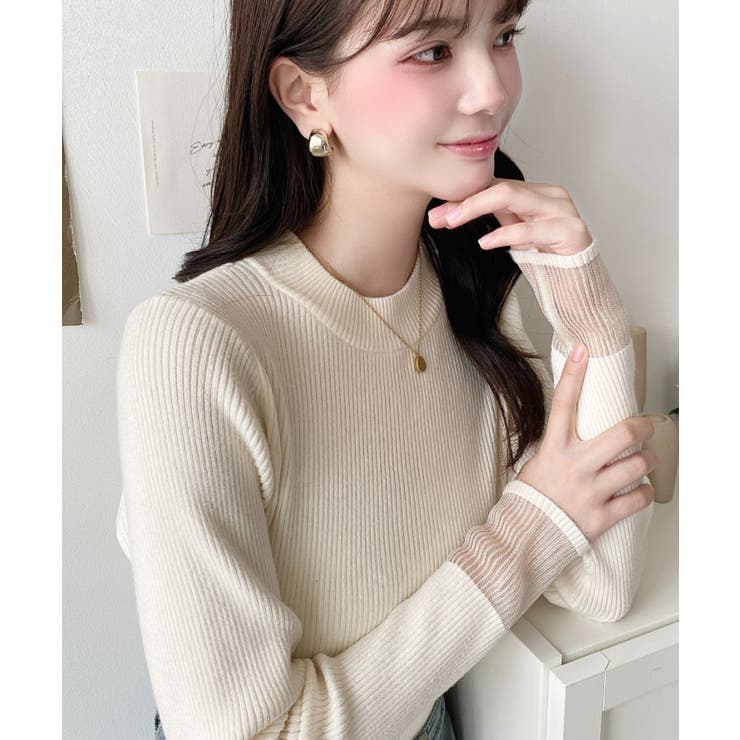 クルーネック袖シアーリブニットプルオーバー12G | moment+ | 詳細画像14 