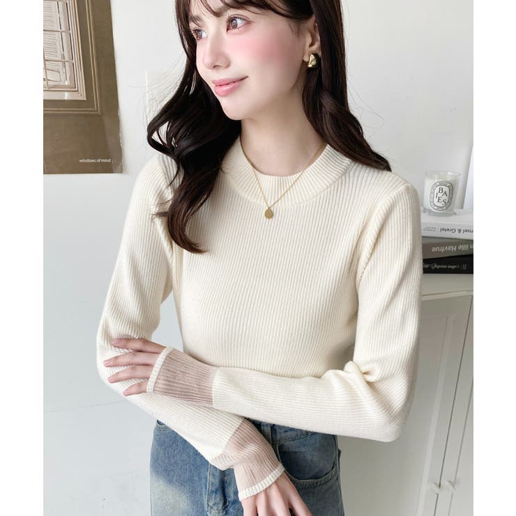 クルーネック袖シアーリブニットプルオーバー12G | moment+ | 詳細画像15 