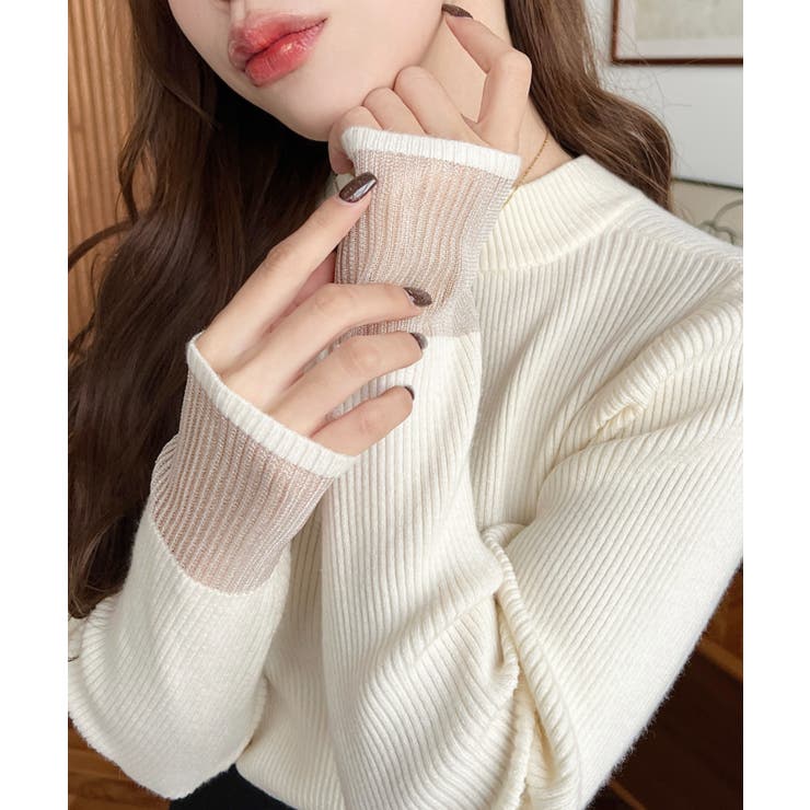 クルーネック袖シアーリブニットプルオーバー12G | moment+ | 詳細画像2 