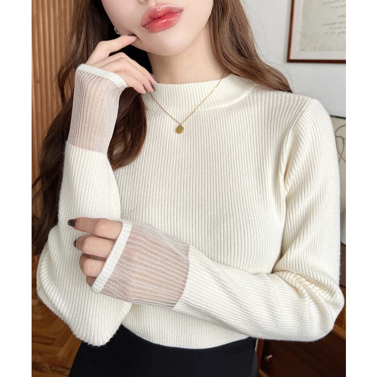 クルーネック袖シアーリブニットプルオーバー12G | moment+ | 詳細画像3 