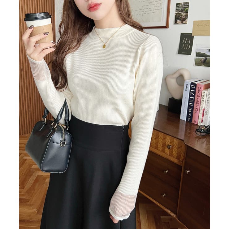 クルーネック袖シアーリブニットプルオーバー12G | moment+ | 詳細画像4 