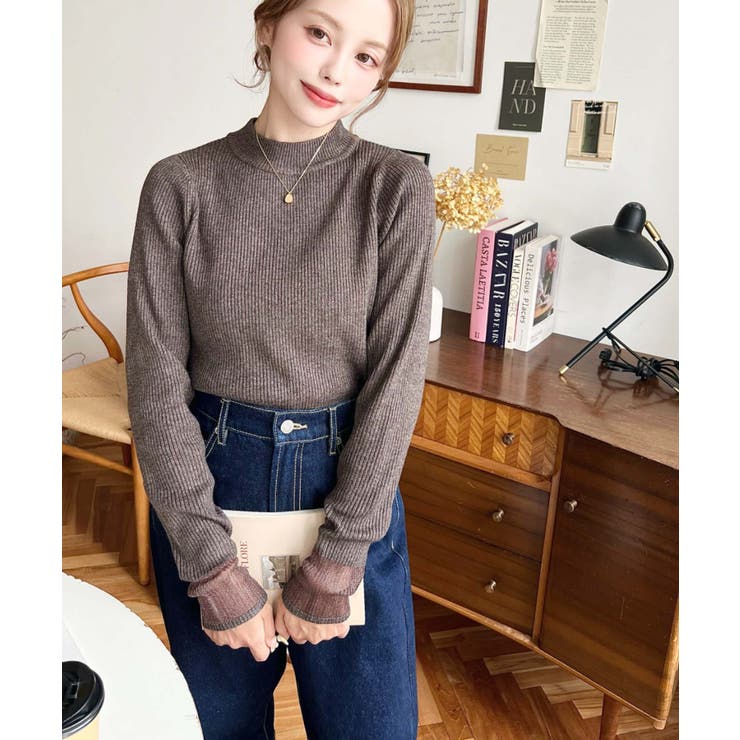 クルーネック袖シアーリブニットプルオーバー12G | moment+ | 詳細画像48 