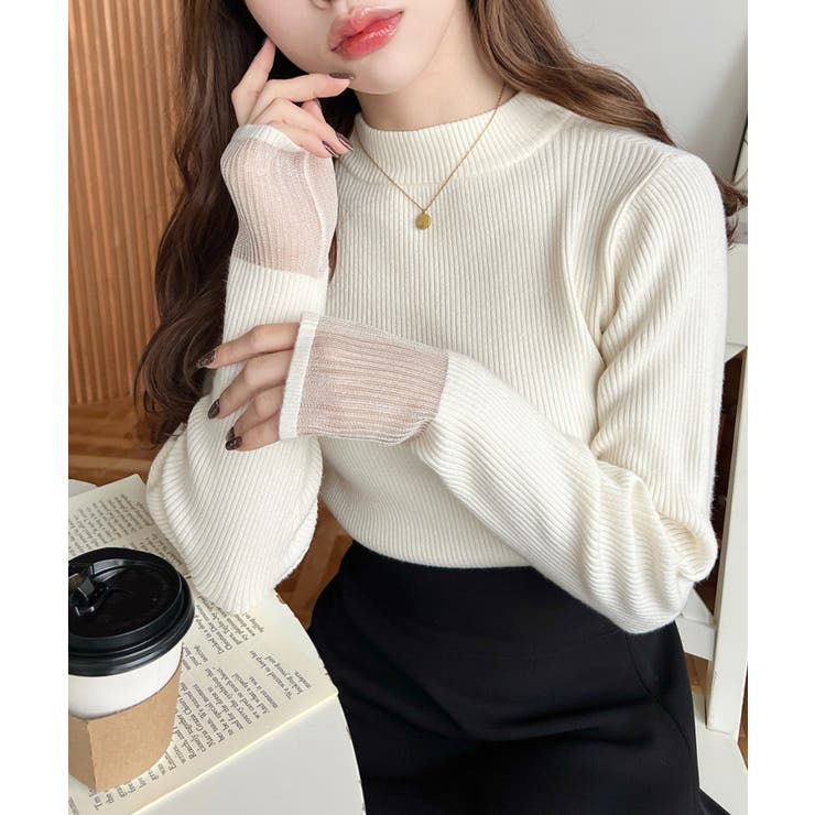 クルーネック袖シアーリブニットプルオーバー12G | moment+ | 詳細画像5 