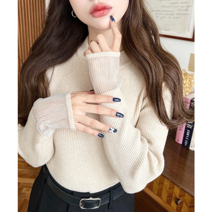 クルーネック袖シアーリブニットプルオーバー12G | moment+ | 詳細画像55 