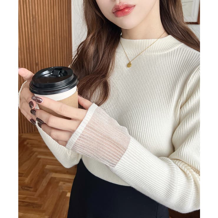 クルーネック袖シアーリブニットプルオーバー12G | moment+ | 詳細画像6 