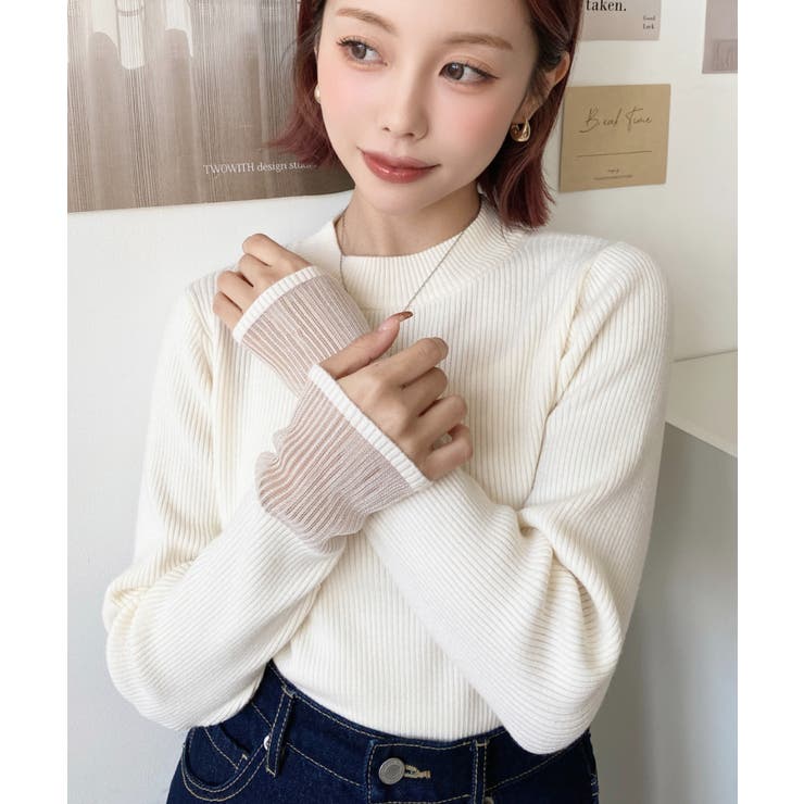 クルーネック袖シアーリブニットプルオーバー12G | moment+ | 詳細画像8 