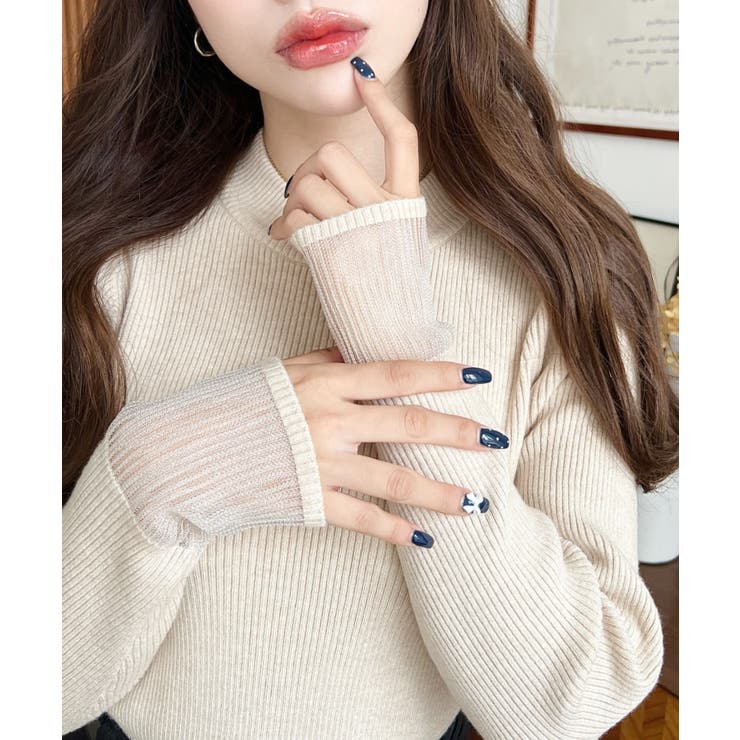 ナチュラル | クルーネック袖シアーリブニットプルオーバー12G | moment+