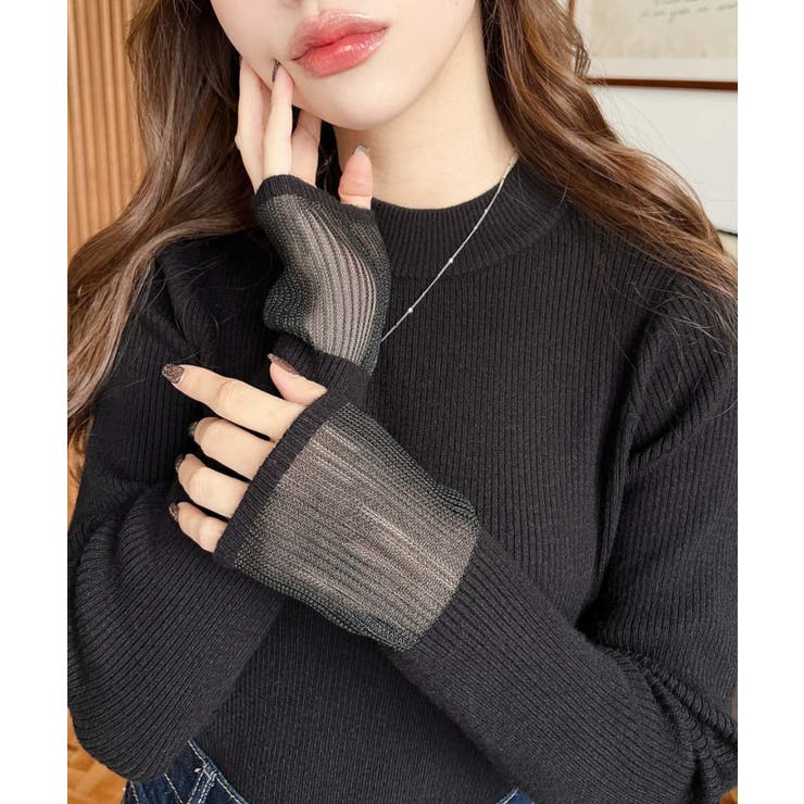 ブラック | クルーネック袖シアーリブニットプルオーバー12G | moment+