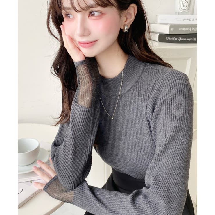 チャコールグレー | クルーネック袖シアーリブニットプルオーバー12G | moment+