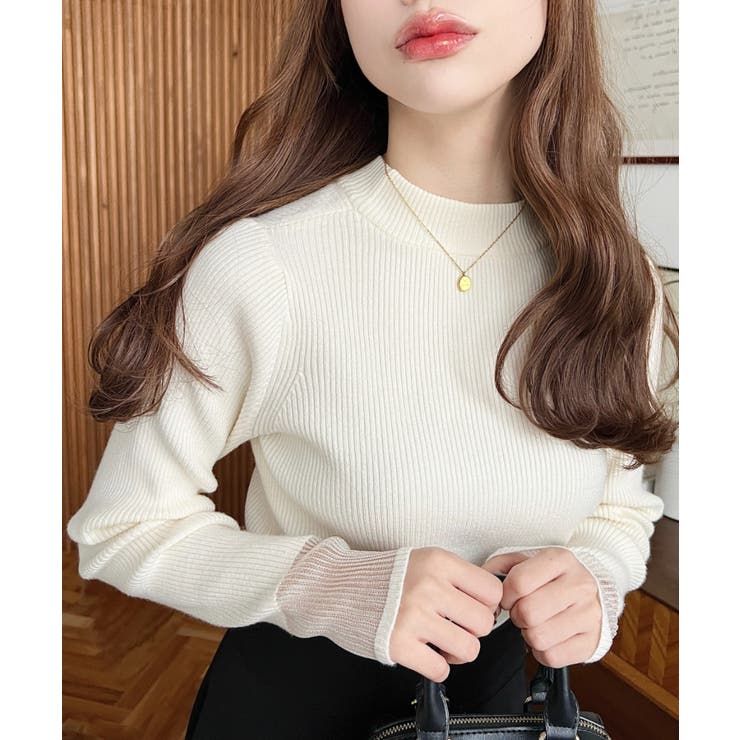 アイボリー | クルーネック袖シアーリブニットプルオーバー12G | moment+