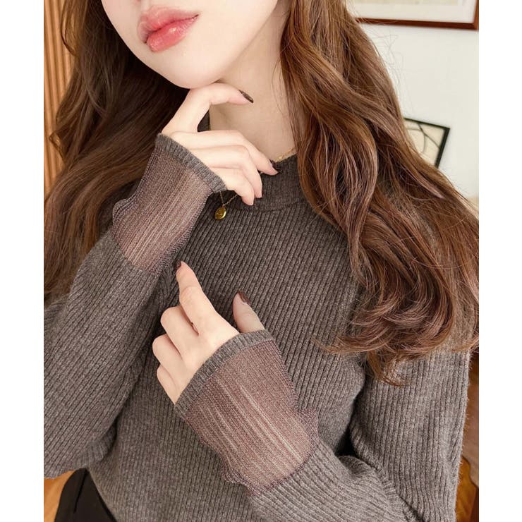 ブラウン | クルーネック袖シアーリブニットプルオーバー12G | moment+