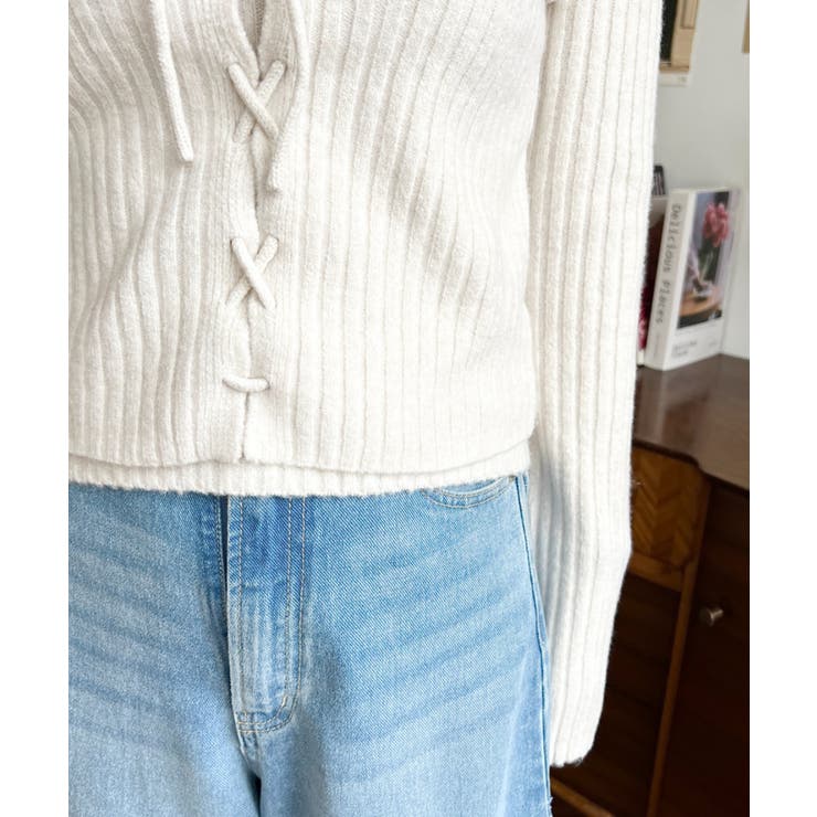 キャミ付きレースアップショート丈リブニットカーディガンアンサンブル | moment+ | 詳細画像10 