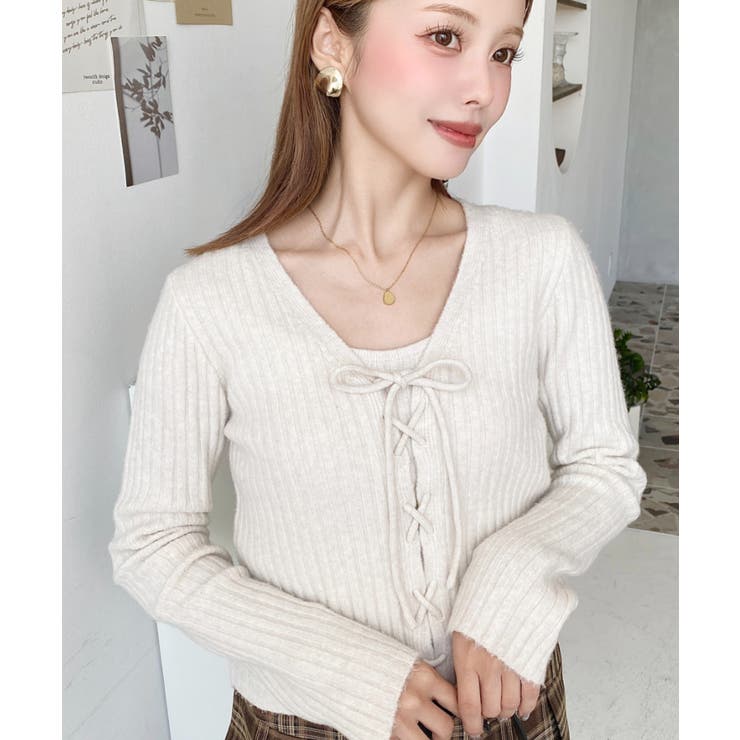 キャミ付きレースアップショート丈リブニットカーディガンアンサンブル | moment+ | 詳細画像16 