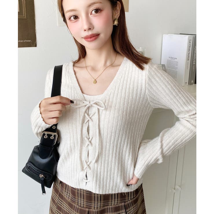 キャミ付きレースアップショート丈リブニットカーディガンアンサンブル | moment+ | 詳細画像17 