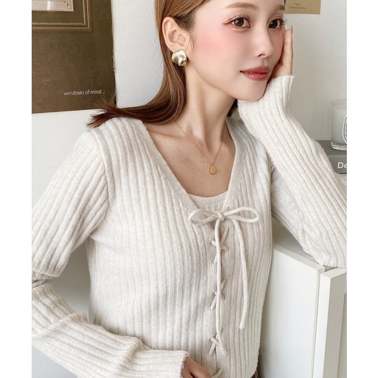 キャミ付きレースアップショート丈リブニットカーディガンアンサンブル | moment+ | 詳細画像18 