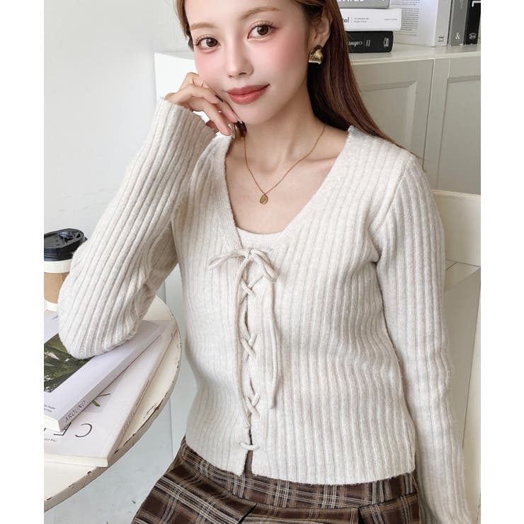 キャミ付きレースアップショート丈リブニットカーディガンアンサンブル | moment+ | 詳細画像19 