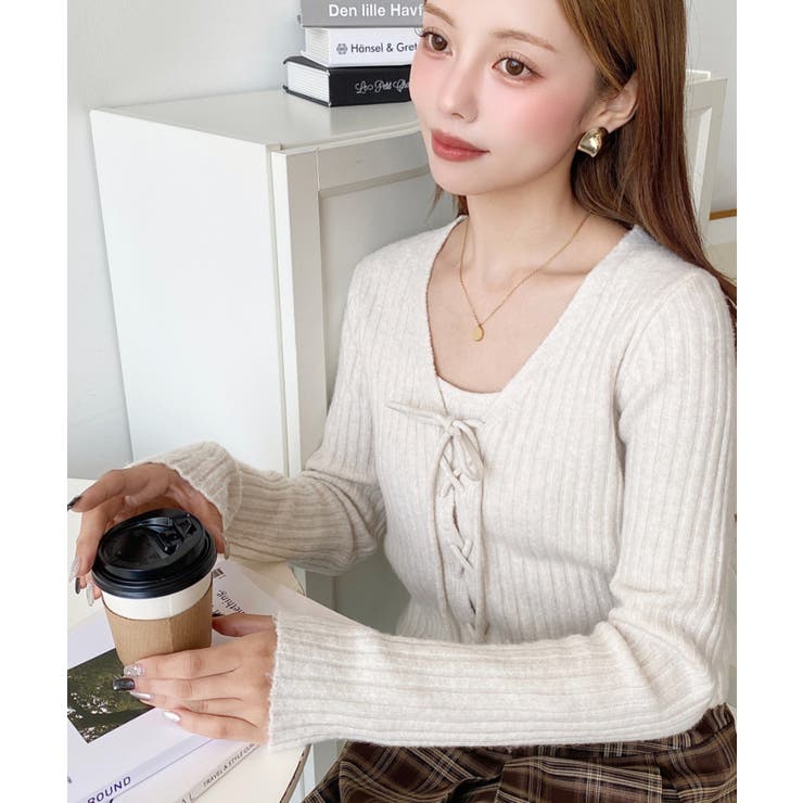 キャミ付きレースアップショート丈リブニットカーディガンアンサンブル | moment+ | 詳細画像20 