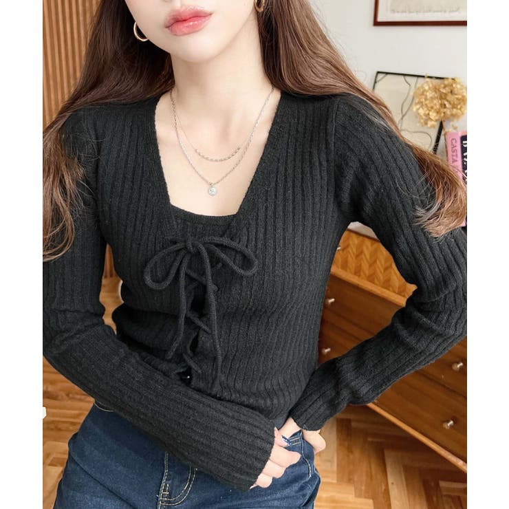 キャミ付きレースアップショート丈リブニットカーディガンアンサンブル | moment+ | 詳細画像21 