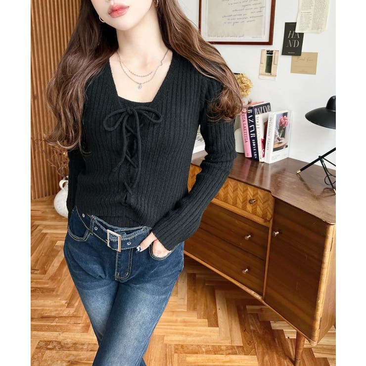 キャミ付きレースアップショート丈リブニットカーディガンアンサンブル | moment+ | 詳細画像22 