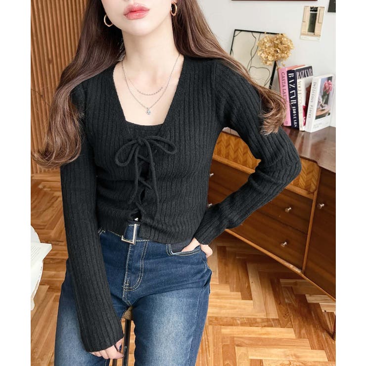 キャミ付きレースアップショート丈リブニットカーディガンアンサンブル | moment+ | 詳細画像23 