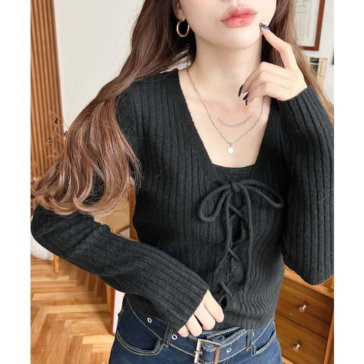 キャミ付きレースアップショート丈リブニットカーディガンアンサンブル | moment+ | 詳細画像24 