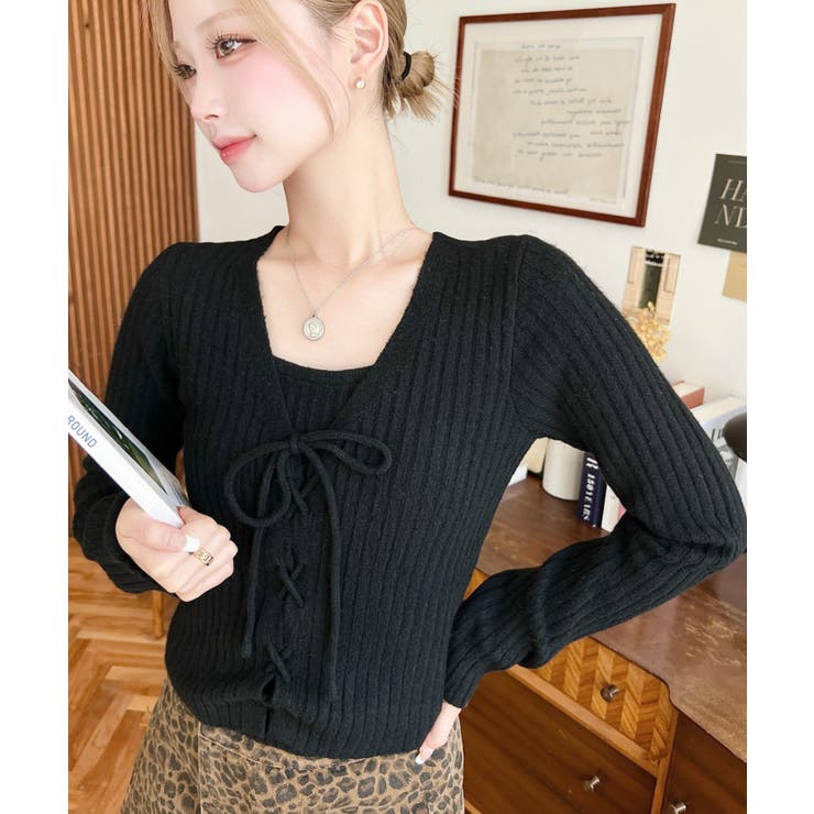 キャミ付きレースアップショート丈リブニットカーディガンアンサンブル | moment+ | 詳細画像25 