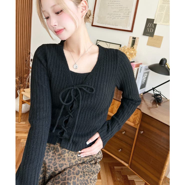 キャミ付きレースアップショート丈リブニットカーディガンアンサンブル | moment+ | 詳細画像27 