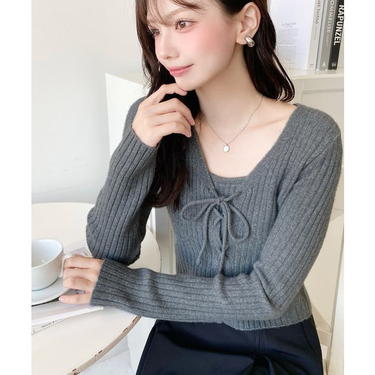 キャミ付きレースアップショート丈リブニットカーディガンアンサンブル | moment+ | 詳細画像30 