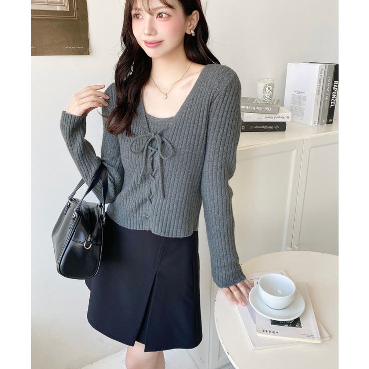 キャミ付きレースアップショート丈リブニットカーディガンアンサンブル | moment+ | 詳細画像31 