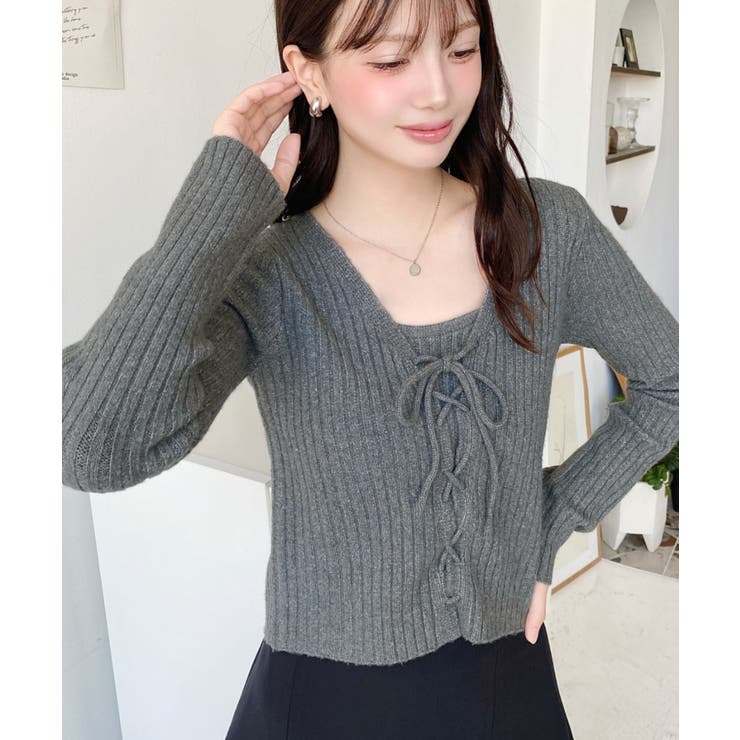 キャミ付きレースアップショート丈リブニットカーディガンアンサンブル | moment+ | 詳細画像32 