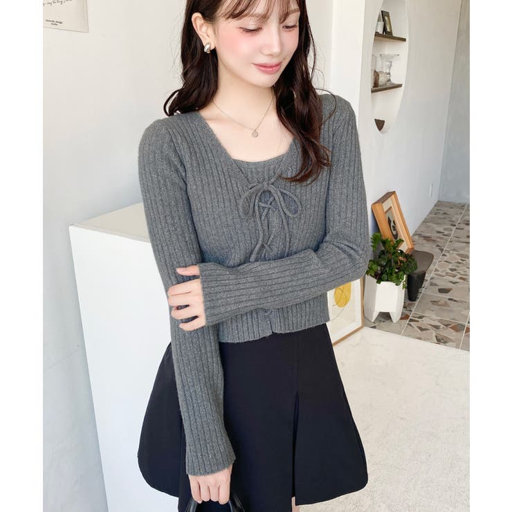 キャミ付きレースアップショート丈リブニットカーディガンアンサンブル | moment+ | 詳細画像34 