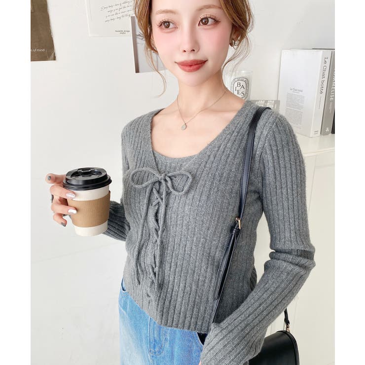 キャミ付きレースアップショート丈リブニットカーディガンアンサンブル | moment+ | 詳細画像35 