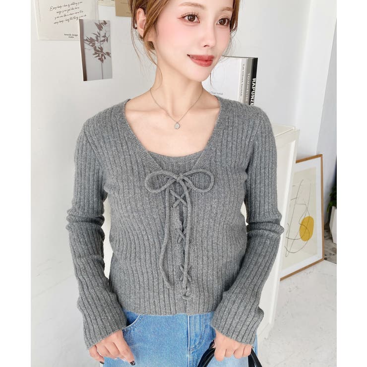 キャミ付きレースアップショート丈リブニットカーディガンアンサンブル | moment+ | 詳細画像36 