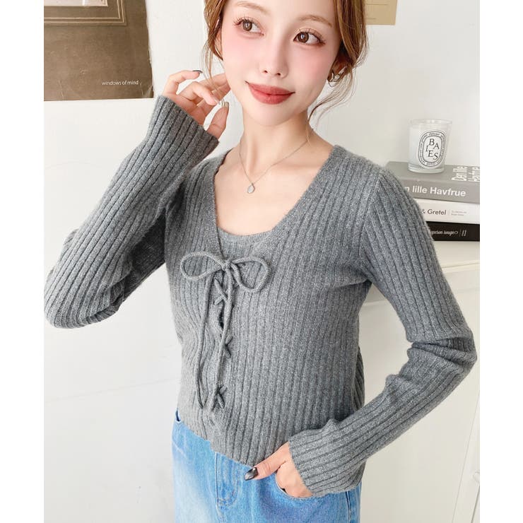 キャミ付きレースアップショート丈リブニットカーディガンアンサンブル | moment+ | 詳細画像37 