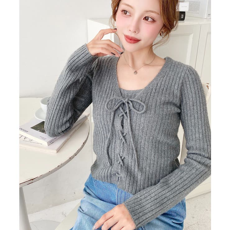 キャミ付きレースアップショート丈リブニットカーディガンアンサンブル | moment+ | 詳細画像38 