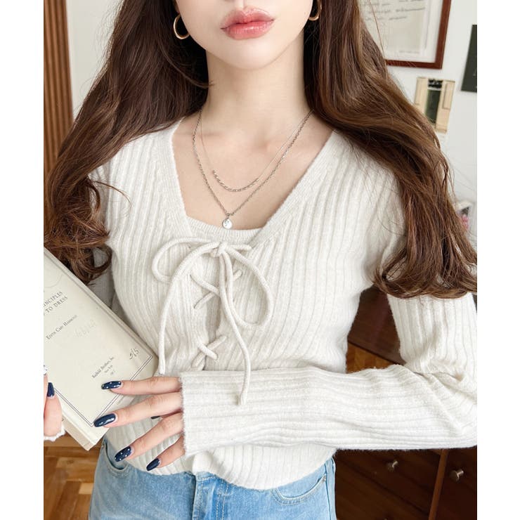 キャミ付きレースアップショート丈リブニットカーディガンアンサンブル | moment+ | 詳細画像4 