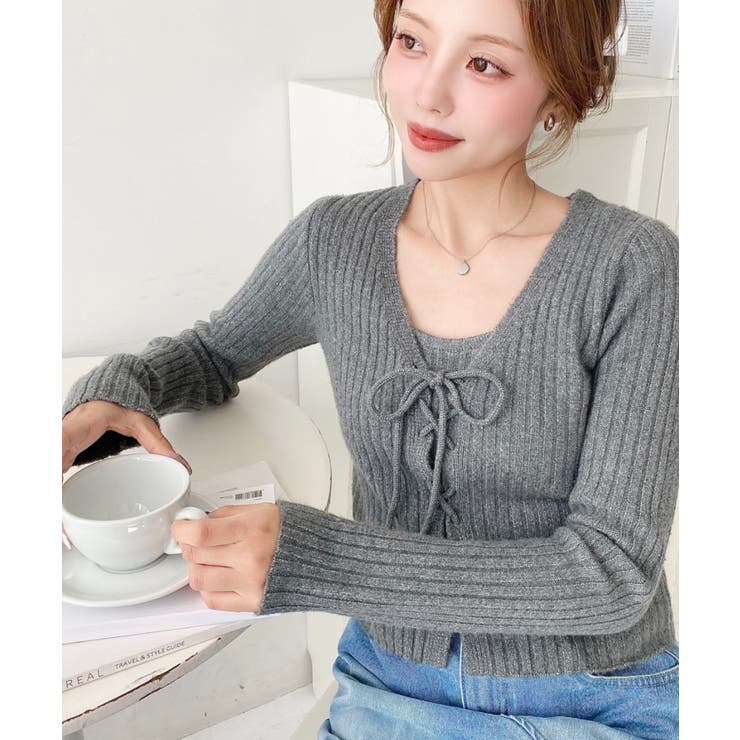 キャミ付きレースアップショート丈リブニットカーディガンアンサンブル | moment+ | 詳細画像39 