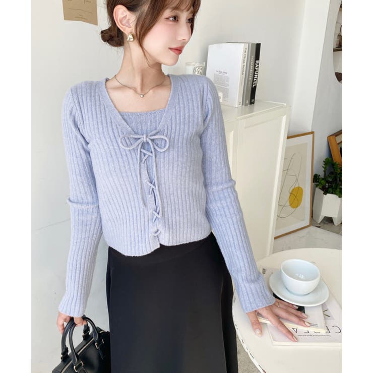 キャミ付きレースアップショート丈リブニットカーディガンアンサンブル | moment+ | 詳細画像40 