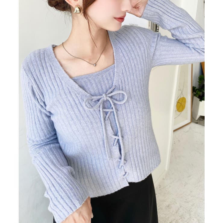 キャミ付きレースアップショート丈リブニットカーディガンアンサンブル | moment+ | 詳細画像41 