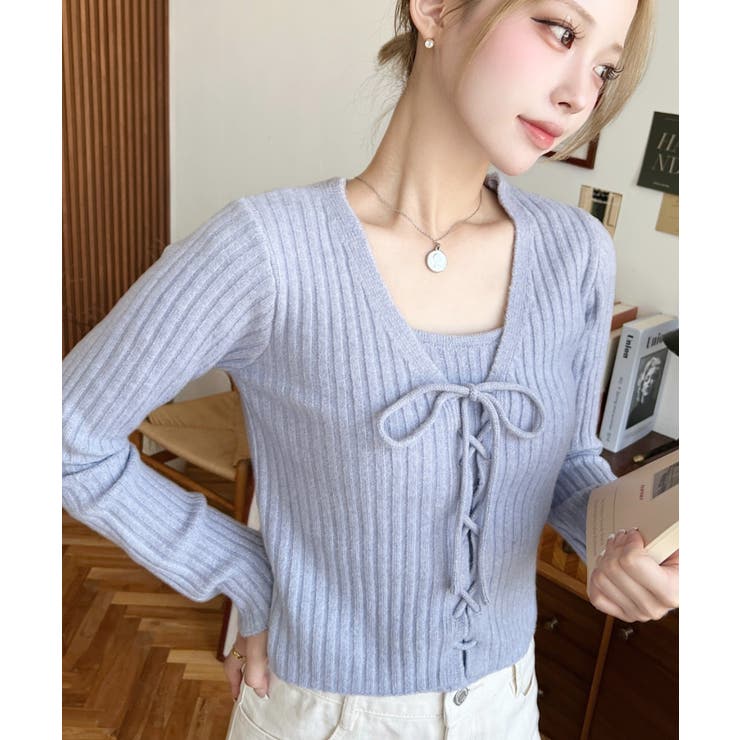 キャミ付きレースアップショート丈リブニットカーディガンアンサンブル | moment+ | 詳細画像43 