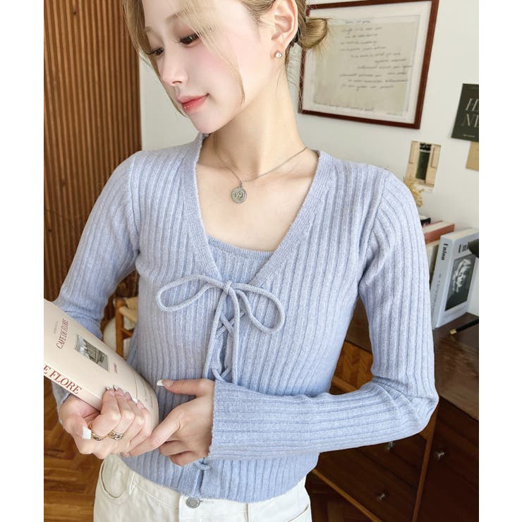 キャミ付きレースアップショート丈リブニットカーディガンアンサンブル | moment+ | 詳細画像44 